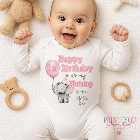 Happy Birthday Mummy, 1st Birthday as My Mummy, Sleepsuit Baby grow Bodysuit Vest, Mum Birthday, Mummy Birthday, Cute Elephant Design
