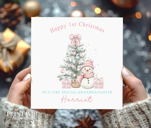 Personalised Baby's 1st Christmas Card, First Christmas Card for Daughter, Granddaughter, Granddaughter, Niece, Sister, Pink Snowman & Tree