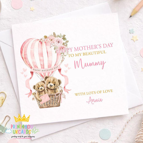 Personalised Mothers Day Card – Pink Teddy Bear Hot Air Balloon Keepsake