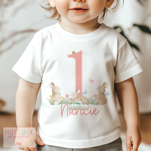 Personalised Bunny Rabbit Birthday T-Shirt ANY AGE - Cotton White Top, any number any age