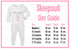 The image is a size guide for a baby's sleepsuit, providing measurements for newborns to 12-18 months old.