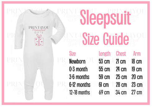 The image is a size guide for a baby's sleepsuit, providing measurements for newborns to 12-18 months old.