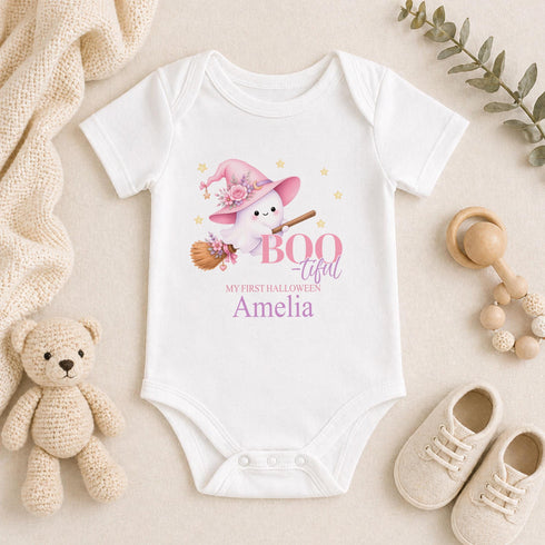 Personalised Baby Halloween Outfit, Pink Ghost Baby Vest, Bib-Set