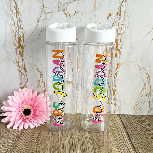Personalised water drinking bottle - Rainbow name colourful UV Printed school office gym girls present