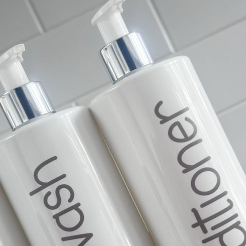 500ml UV Printed White Bathroom Bottles (Shampoo, Conditioner, Body Wash) - With Elegant Grey Font