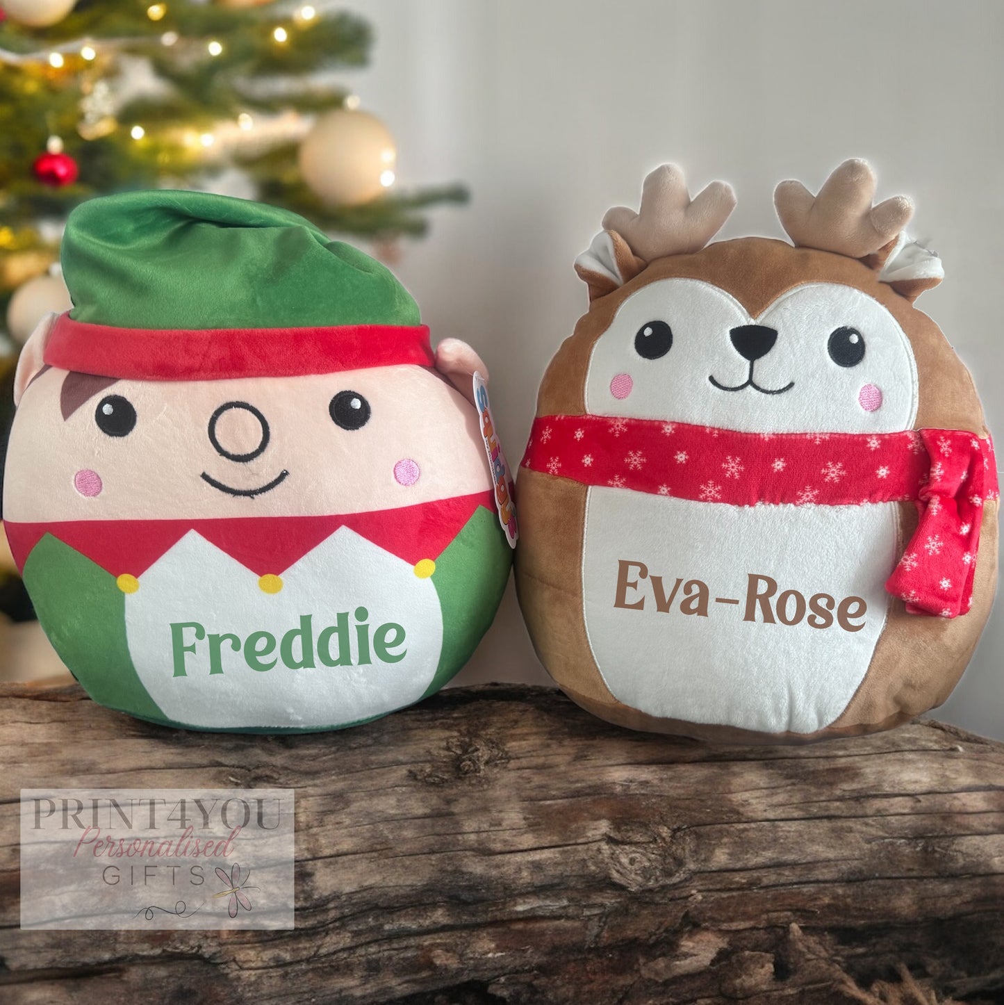 Personalised Elf & Reindeer Christmas plush toy with custom name embroidered on the front, soft cuddly stuffed toy with removable inner pad