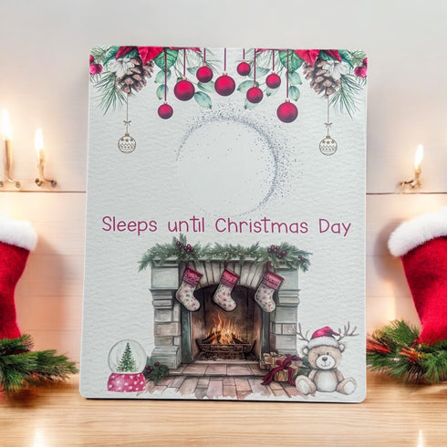 Christmas Countdown Board, aluminium wipe clean, Reindeer Bear and Fireplace Design