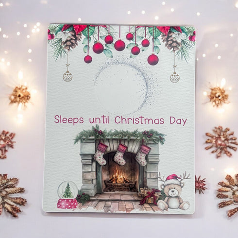 Christmas Countdown Board, aluminium wipe clean, Reindeer Bear and Fireplace Design