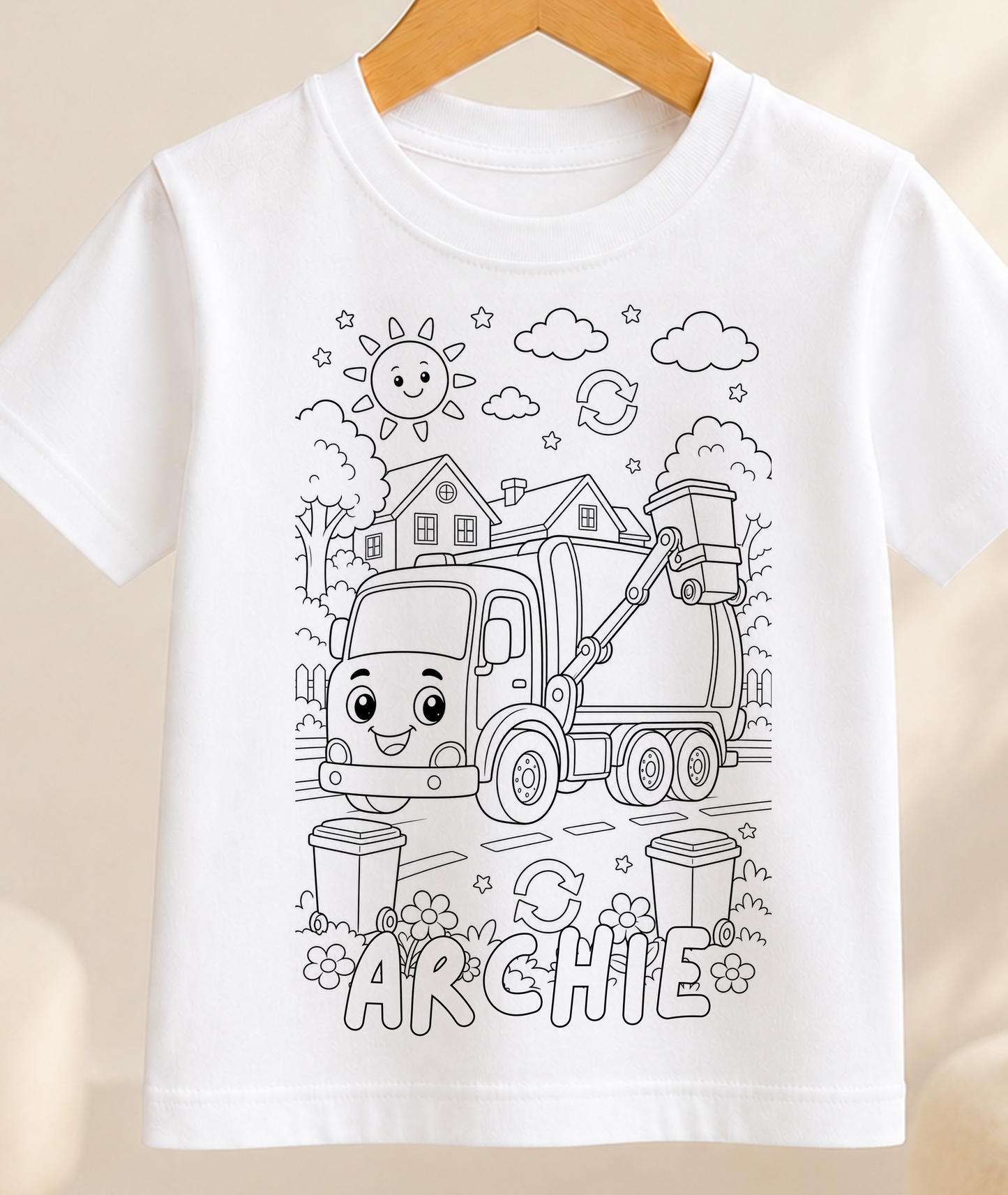 Personalised Recycling Truck Colour-In Activity Kids T-Shirt – With Washable Pens, Custom Name
