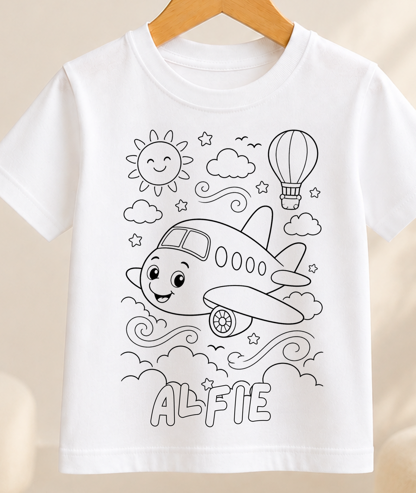 Personalised Airplane Colour-In Activity Kids T-Shirt – With Washable Pens, Custom Name