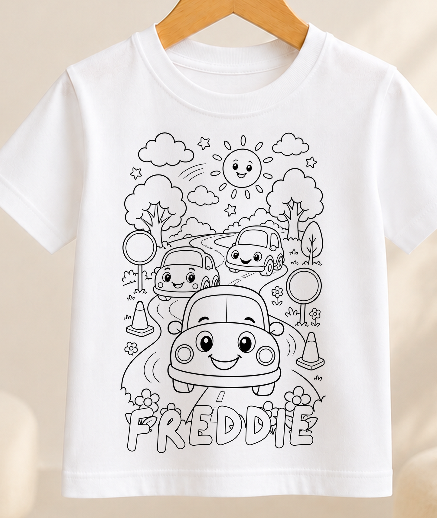 Personalised Cars On The Road Colour-In Activity Kids T-Shirt – With Washable Pens, Custom Name