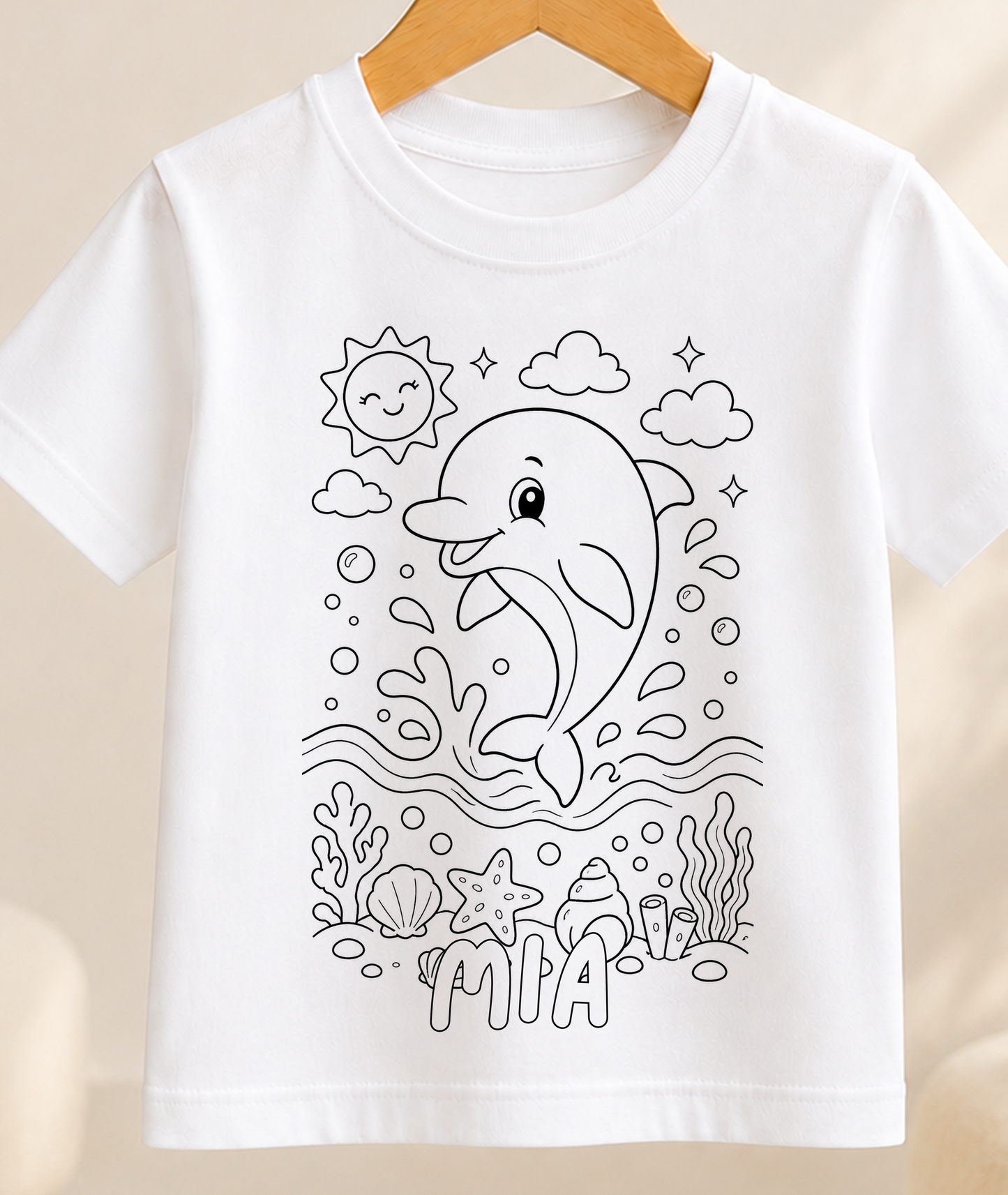 Personalised Dolphin Colour-In Activity Kids T-Shirt – With Washable Pens, Custom Name