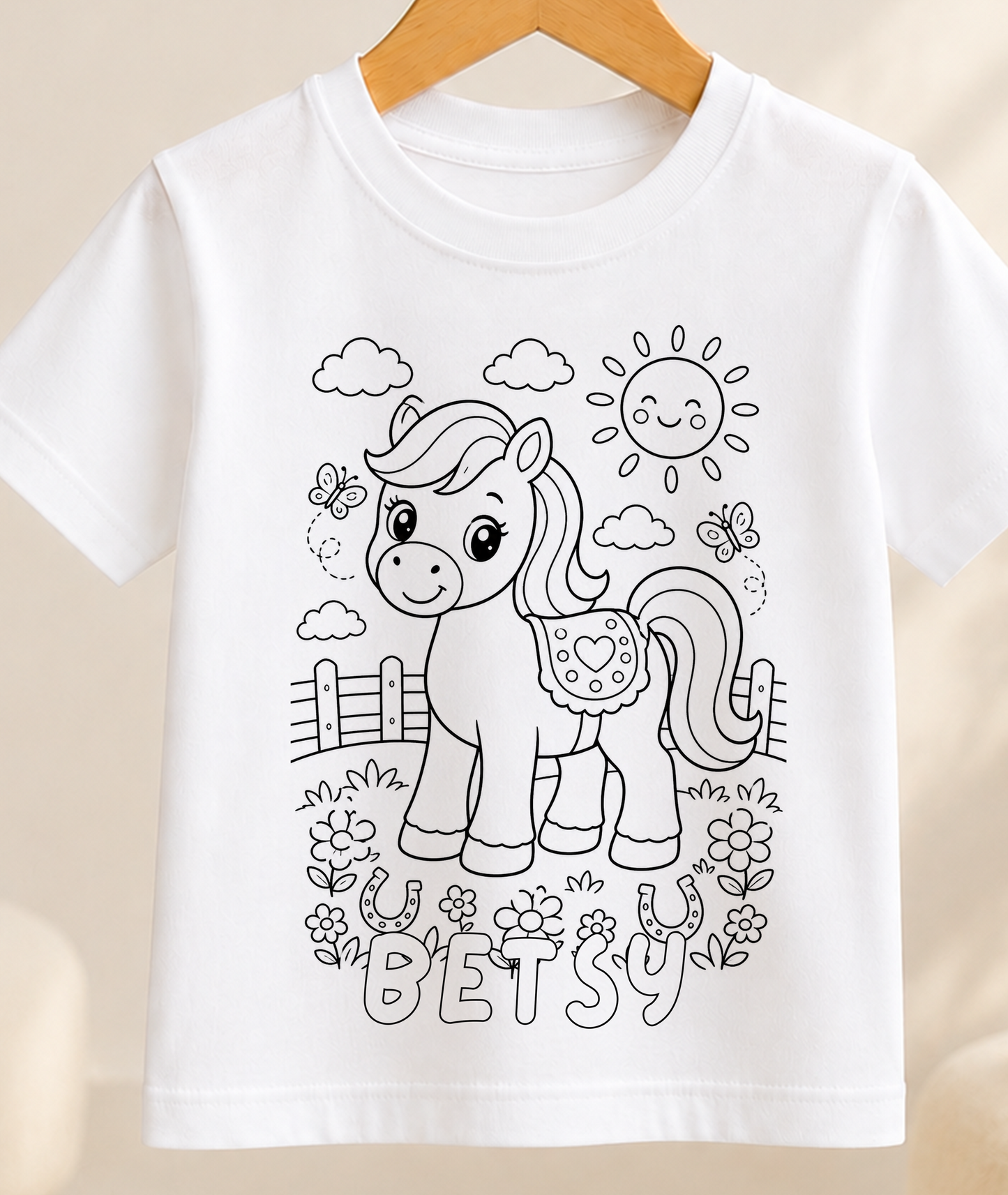 Personalised Horse & Pony Colour-In Activity Kids T-Shirt – With Washable Pens, Custom Name