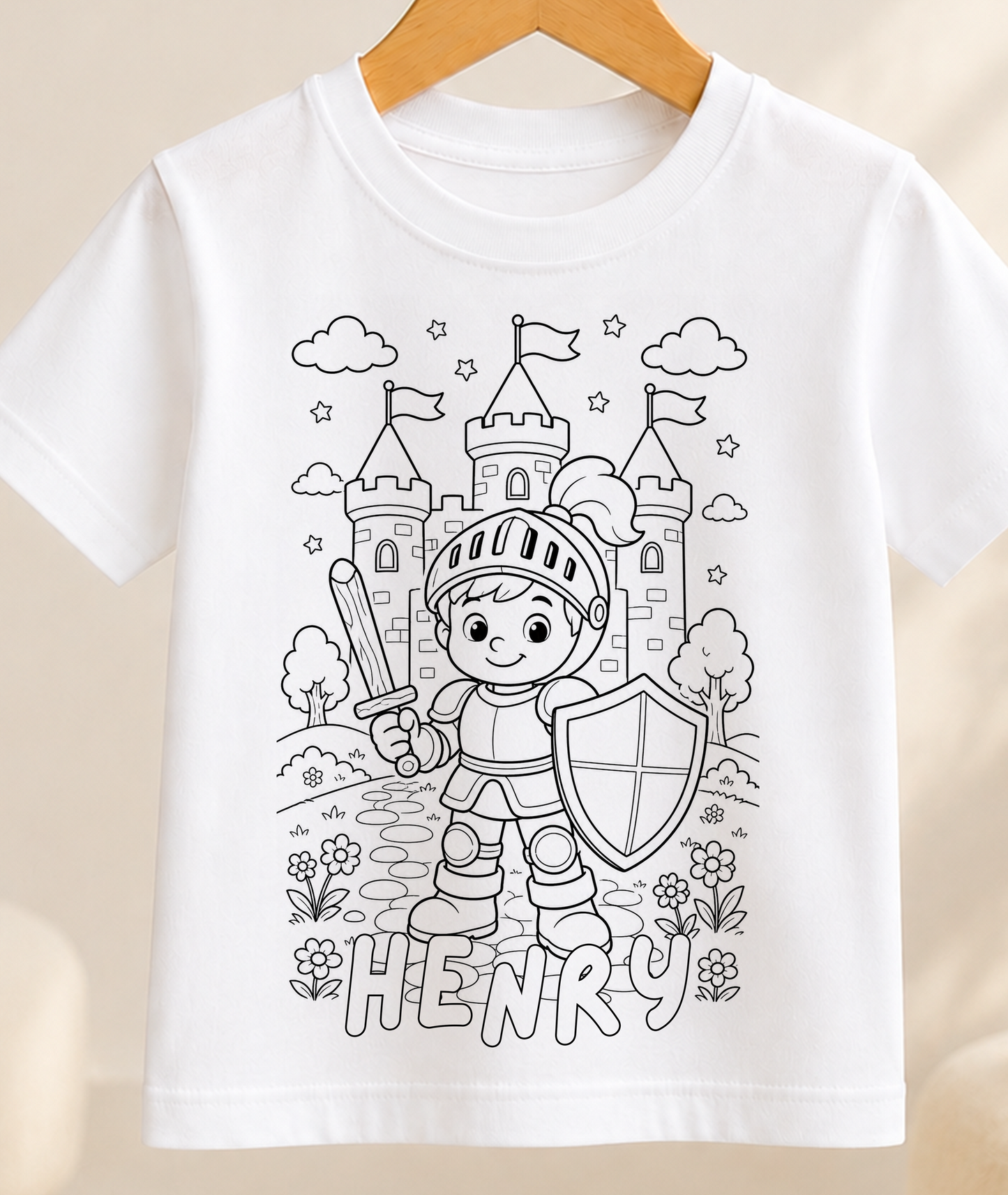 Personalised Knights Colour-In Activity Kids T-Shirt – With Washable Pens, Custom Name