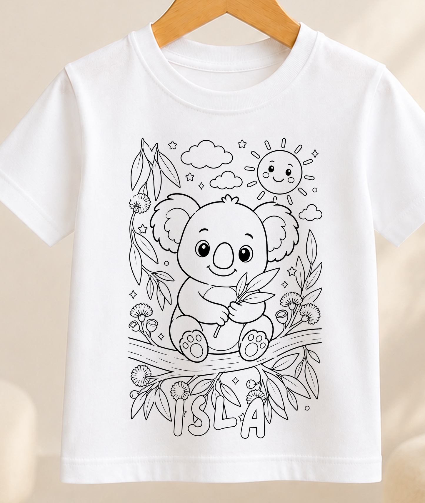 Personalised Koala Colour-In Activity Kids T-Shirt – With Washable Pens, Custom Name