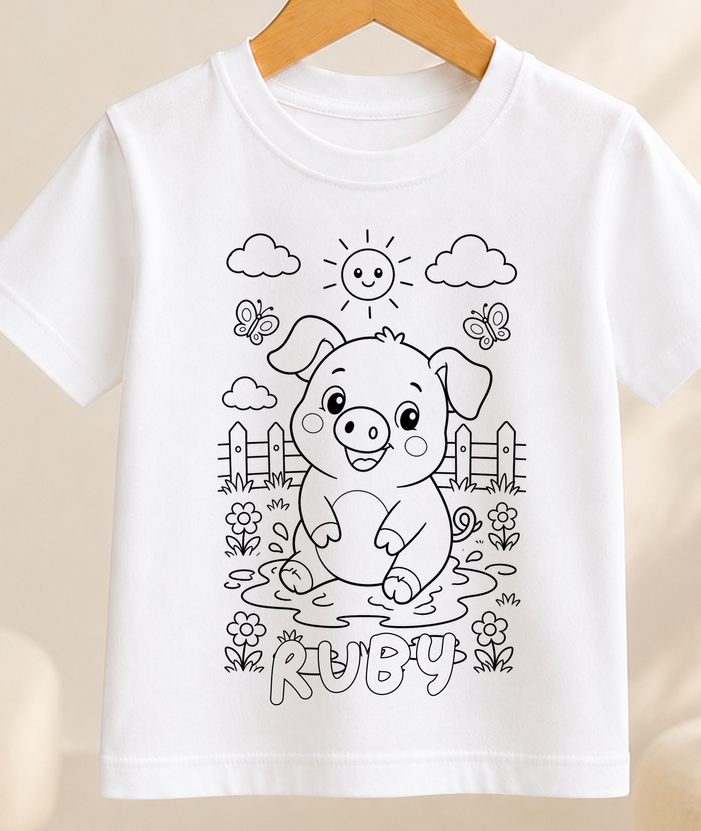 Personalised Pig Colour-In Activity Kids T-Shirt – With Washable Pens, Custom Name