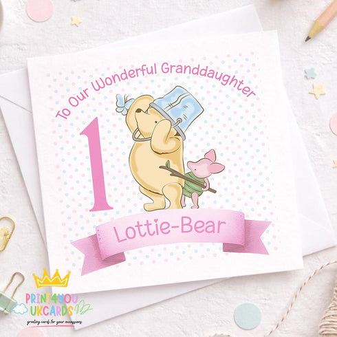 Personalised 1st Birthday Card – Pink Bear & Piglet Design, Custom Name & Age - Front Only