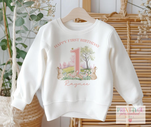 Personalised First Birthday Jumper, Birthday Sweatshirt for Children, I am One, Bunnies & Flowers Jumper