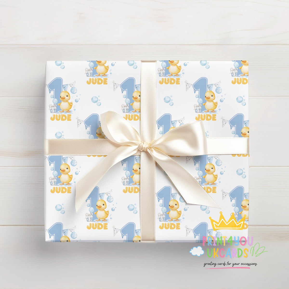 Roll of the personalised duck wrapping paper packaged ready for postal delivery.