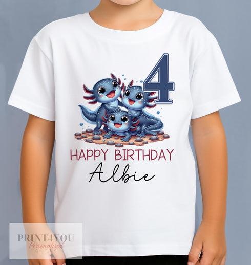 Personalised Axolotl Birthday T-Shirt for Any Age - Cotton White Top with Blue Design