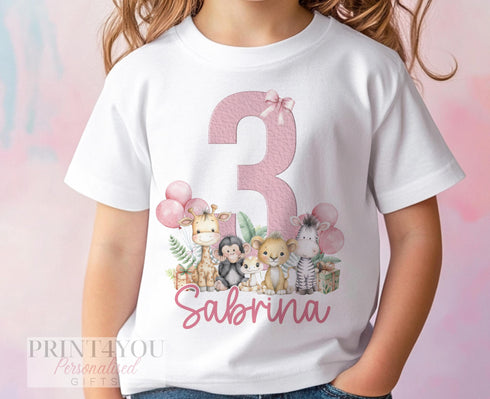 Personalised Pink Safari Birthday T-Shirt – Jungle Animal Girls Top with Name & Age, DTG Printed, 6m–10yrs, Custom Gift Idea