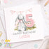 Square greeting card showing the bunny birthday card design