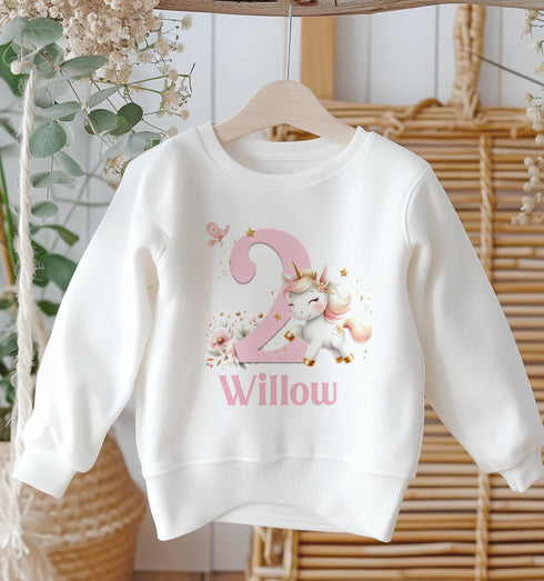 Personalised Birthday Age Sweatshirt Jumper For Children. Any Age, White Cotton Sweatshirt - Unicorn Number and name