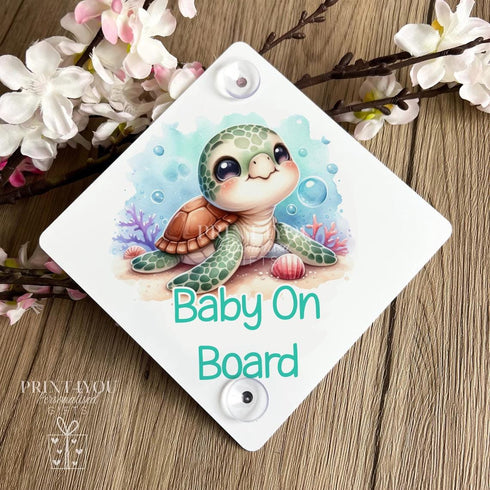 Baby On Board Sign – Aluminium Car Window Plaque With Cute Turtle Design - Yes