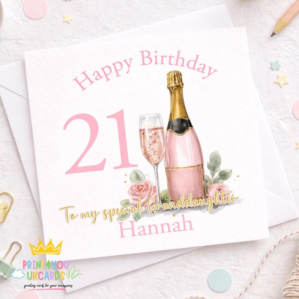 Personalised milestone birthday card for a granddaughter with a pink champagne toast design