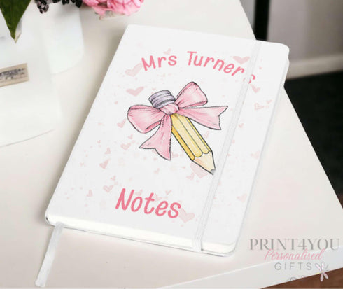 Personalised A5 White PU Leather Notebook with Pink Bow Pencil - Perfect Teacher Gift