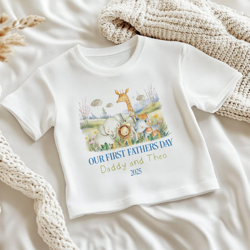 Our First Father’s Day Baby Vest – Safari Animal Design – Personalised Gift for Daddy – Soft Cotton DTG Print