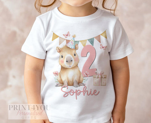 Personalised Capybara Birthday T-Shirt for Girls Cute Animal Party Shirt with Name Age Ages 1-10