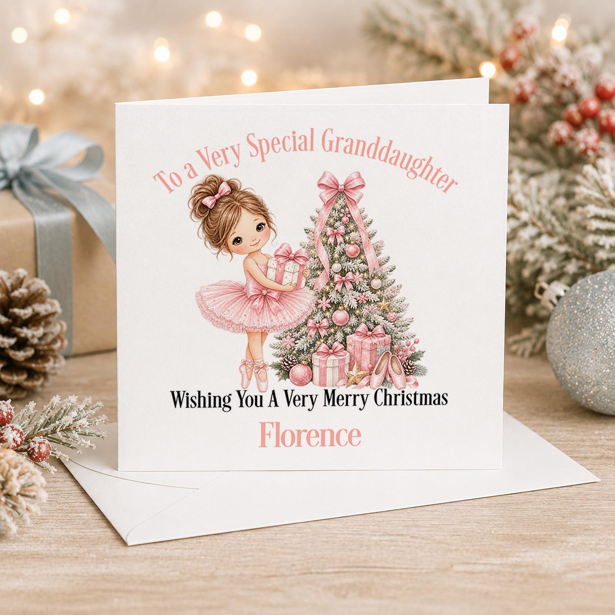 Personalised ballerina Christmas card, white 6x6 inch square card printed with a ballerina decorating a pink Christmas tree with a name