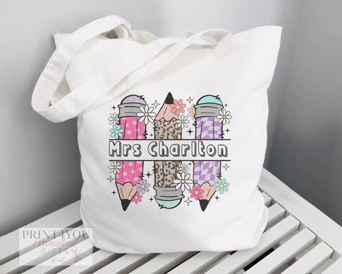 Thank You Teacher Gift | Cotton Tote Bag | Reusable Shopping Bag | 100% White Cotton Bag | Personalised shopper bag | Mixed Pencils
