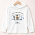 White lightweight hooded long-sleeved children’s top with a personalised blue teddy bear preschool graduation 2026 design.