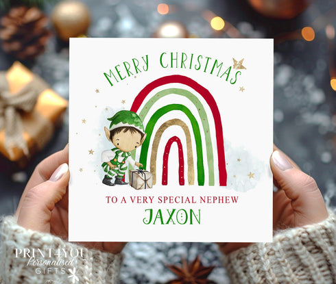 Personalised Christmas Card, Elf Rainbow, card for Son, Nephew, Grandson, Brother, Uncle, Daughter, Sister, Friend, Cousin