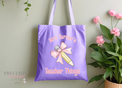 Personalised Tote Bag for Teachers Teacher Things Custom Name Gift with Pencil Bow Perfect End of Term Present for Educators