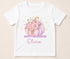 Personalised Halloween t-shirt featuring pastel floral pumpkin with pink and purple flowers and custom name on white children's Halloween shirt