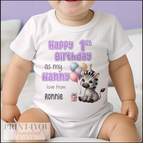 Happy Birthday Mummy, 1st Birthday as My Mummy or Daddy, Sleepsuit Babygrow Bodysuit Vest, Mum, Dad, Nan, Auntie Birthday, Zebra Design