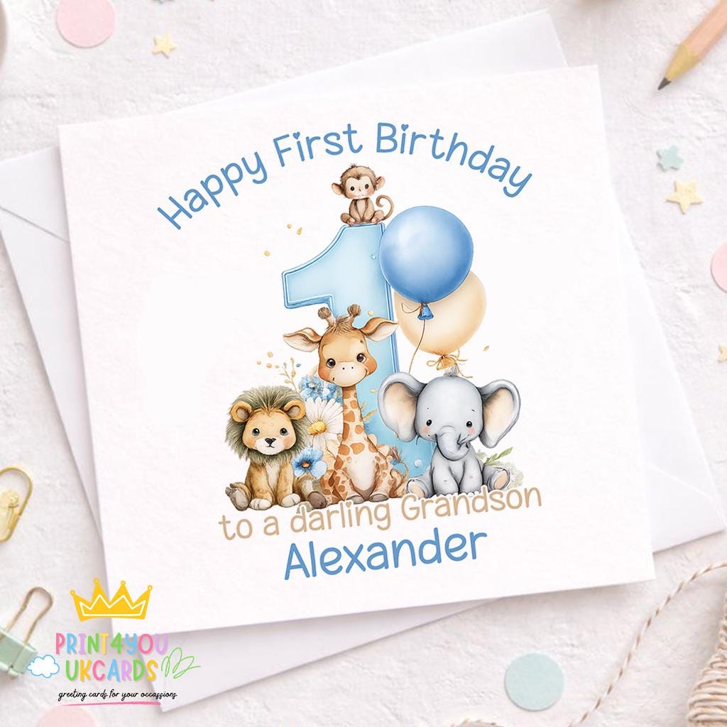 Square personalised 1st birthday card with a blue safari animal design shown on white card stock.