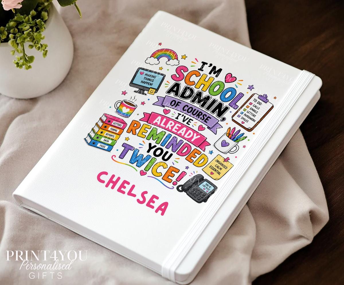 Personalised A5 PU leather journal for school admin staff with funny quote