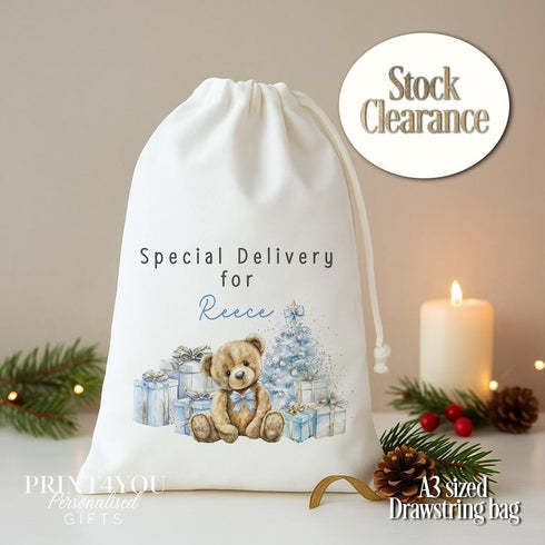 Personalised Teddy Christmas Drawstring Bag – Special Delivery Blue A3 Sack
