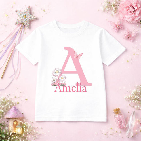 Personalised Initial Name T Shirt, Girls Floral Alphabet Shirt, Pink Letter Tee with Butterfly and Flowers, Custom Kids Name Top