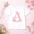Personalised Initial Name T Shirt, Girls Floral Alphabet Shirt, Pink Letter Tee with Butterfly and Flowers, Custom Kids Name Top