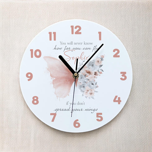 Personalised Childrens Acrylic Clock with Blush Butterfly Design Positivity Quote Perfect Gift for Girls 24.5cm Wide