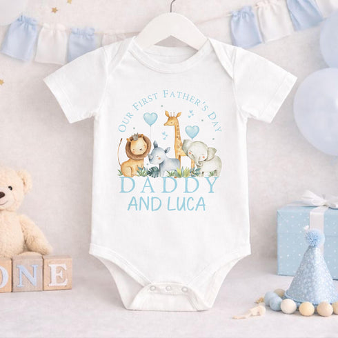 First Fathers Day Vest - Personalised Baby Boy Safari Animal Outfit | Soft Cotton