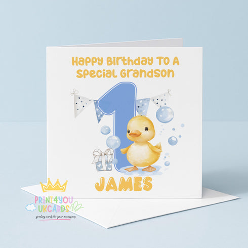 1st Birthday Card Boy – Personalised Blue Duck Keepsake for Milestone Celebration