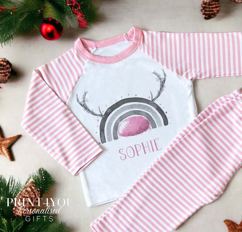Personalised Pink & White Striped Children's Christmas Pyjamas - Rainbow Reindeer Antler