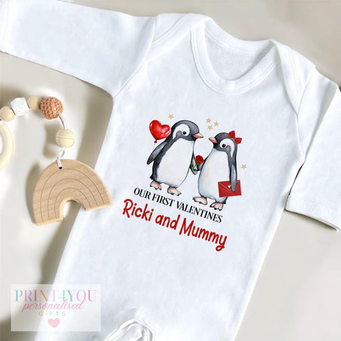 Personalised Baby Sleepsuit for 1st Valentines Day with Mummy Daddy