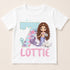 A white t-shirt with a mermaid graphic and the number 7, along with the text "LOTTIE" below it.
